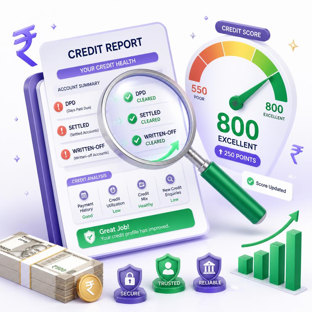 Credit report issues being reviewed and repaired — DPD cleared, score rising from 550 to 800